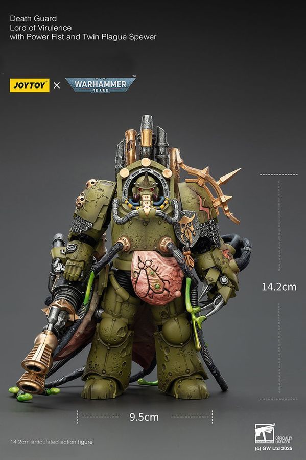 Фигурка из игры Warhammer 40k, Гвардия Смерти, Владыка Вирулентности с Силовым Кулаком и Двойным Чумным Извергателем, JOYTOY, подвижная, 14,2 см (WHR 0233)