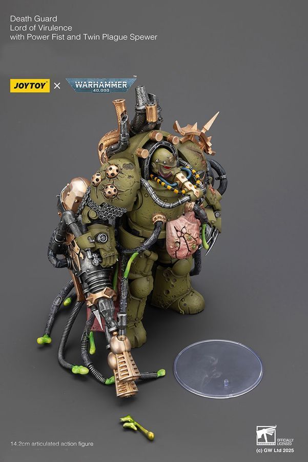 Фигурка из игры Warhammer 40k, Гвардия Смерти, Владыка Вирулентности с Силовым Кулаком и Двойным Чумным Извергателем, JOYTOY, подвижная, 14,2 см (WHR 0233)