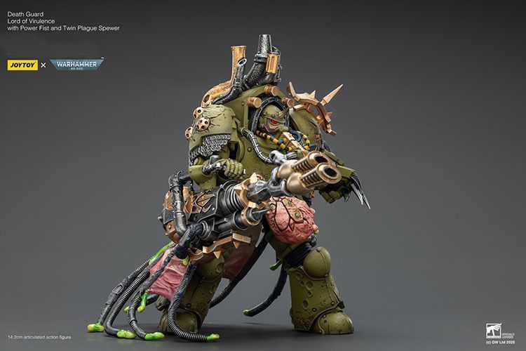 Фигурка из игры Warhammer 40k, Гвардия Смерти, Владыка Вирулентности с Силовым Кулаком и Двойным Чумным Извергателем, JOYTOY, подвижная, 14,2 см (WHR 0233)