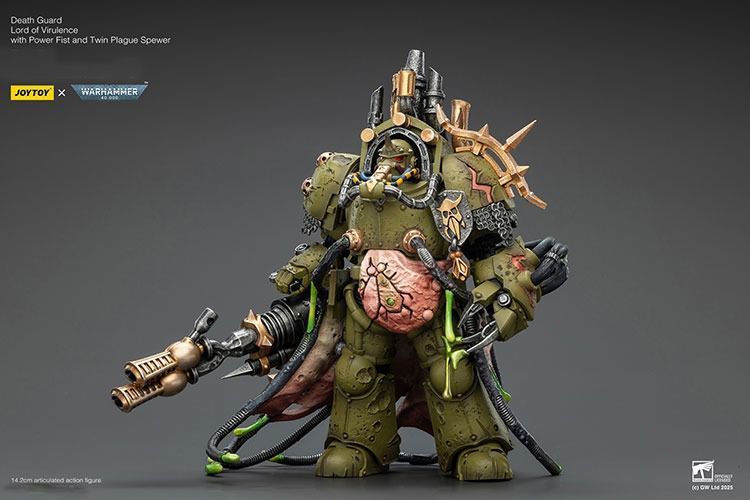 Фигурка из игры Warhammer 40k, Гвардия Смерти, Владыка Вирулентности с Силовым Кулаком и Двойным Чумным Извергателем, JOYTOY, подвижная, 14,2 см (WHR 0233)