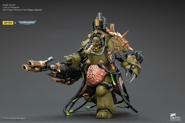 Фигурка из игры Warhammer 40k, Гвардия Смерти, Владыка Вирулентности с Силовым Кулаком и Двойным Чумным Извергателем, JOYTOY, подвижная, 14,2 см (WHR 0233)
