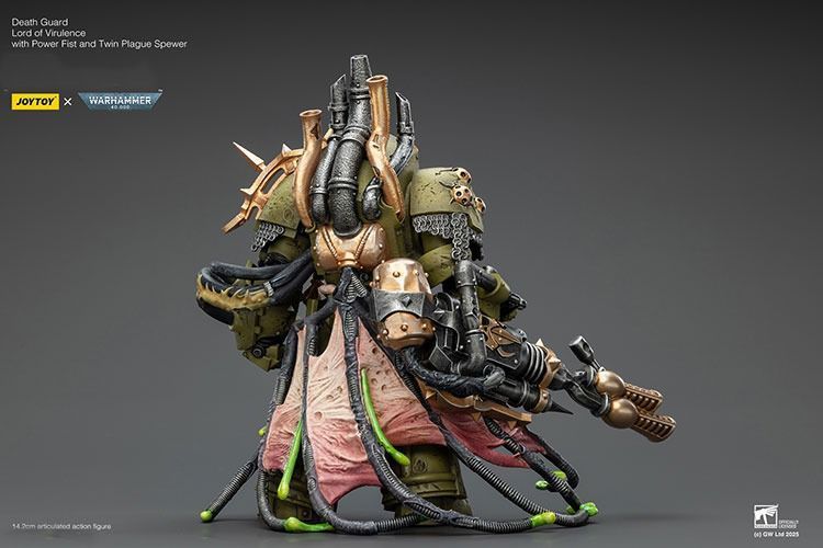 Фигурка из игры Warhammer 40k, Гвардия Смерти, Владыка Вирулентности с Силовым Кулаком и Двойным Чумным Извергателем, JOYTOY, подвижная, 14,2 см (WHR 0233)
