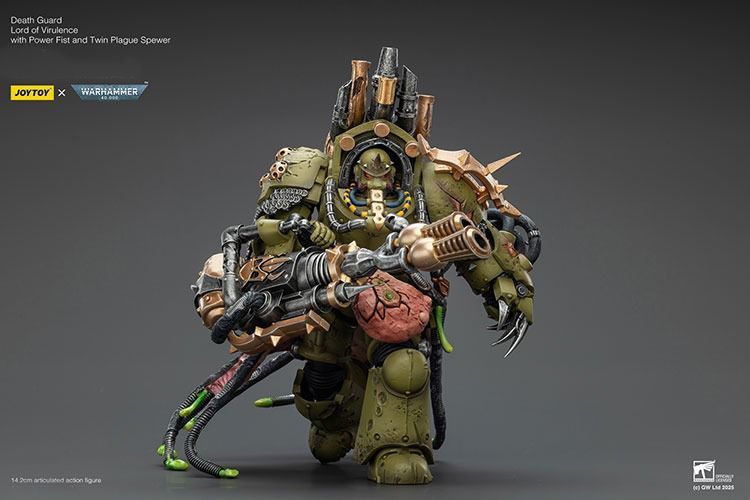 Фигурка из игры Warhammer 40k, Гвардия Смерти, Владыка Вирулентности с Силовым Кулаком и Двойным Чумным Извергателем, JOYTOY, подвижная, 14,2 см (WHR 0233)