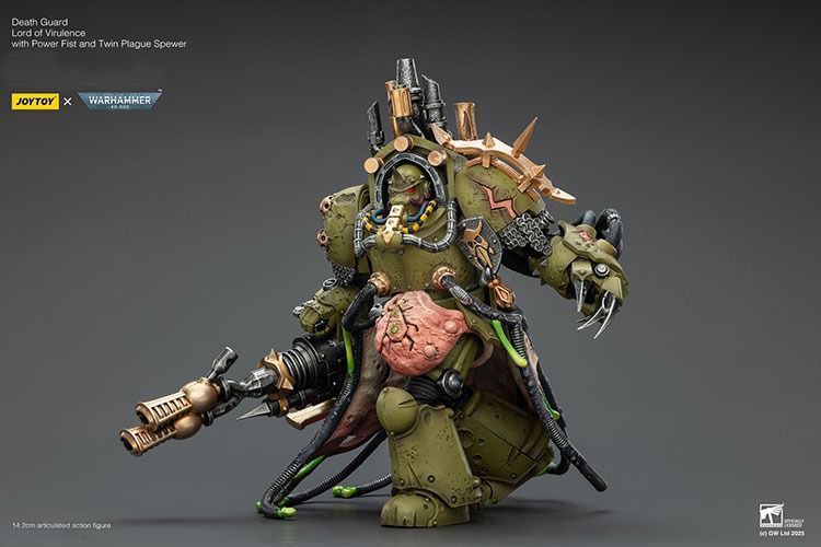 Фигурка из игры Warhammer 40k, Гвардия Смерти, Владыка Вирулентности с Силовым Кулаком и Двойным Чумным Извергателем, JOYTOY, подвижная, 14,2 см (WHR 0233)