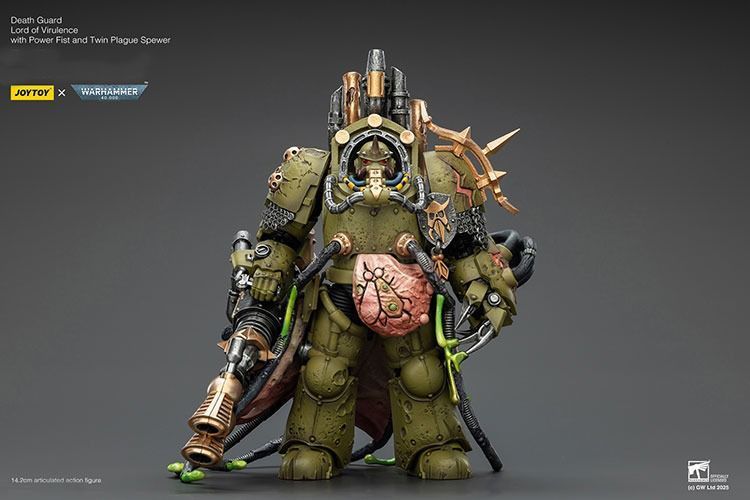 Фигурка из игры Warhammer 40k, Гвардия Смерти, Владыка Вирулентности с Силовым Кулаком и Двойным Чумным Извергателем, JOYTOY, подвижная, 14,2 см (WHR 0233)