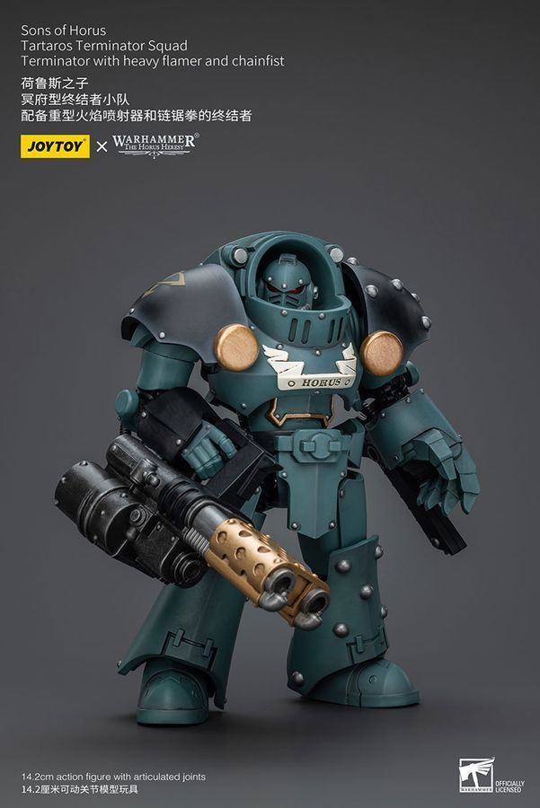 Фігурка з гри Warhammer 40k, Сини Хоруса Термінатор з важким вогнеметом та ланцюговою пилкою, JOYTOY, рухома, 14,2 см (WHR 0084)