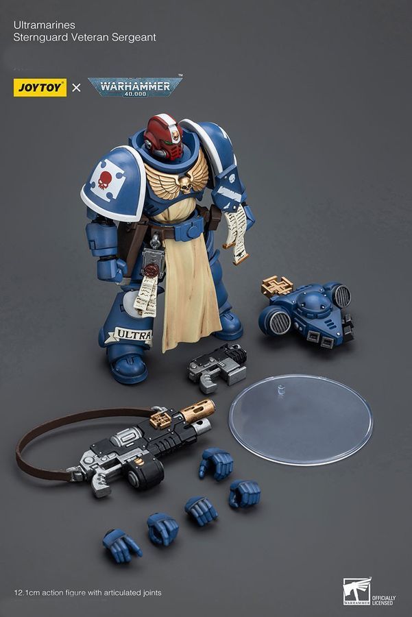 Фигурка из игры Warhammer 40k, Сержант Ветеран кормовой гвардии Ультрамаринов, JOYTOY, подвижная, 12,1 см (WHR 0174)