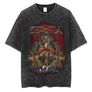 Футболка оверсайз с принтом из аниме Атака Титанов, универсальная, хлопок Washed Cotton, размер S (FAT 0051G-S)