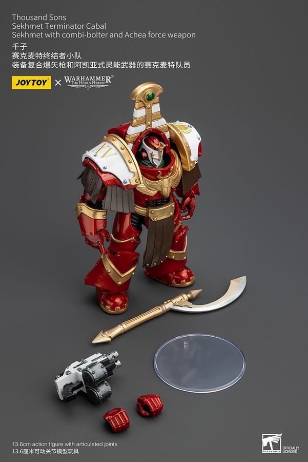 Фигурка из игры Warhammer 40k, Терминаторская клика Тысячи Сынов Сехмет с комби-болтером и силовым оружием Ачеи, JOYTOY, подвижная, 13,6 см (WHR 0100)