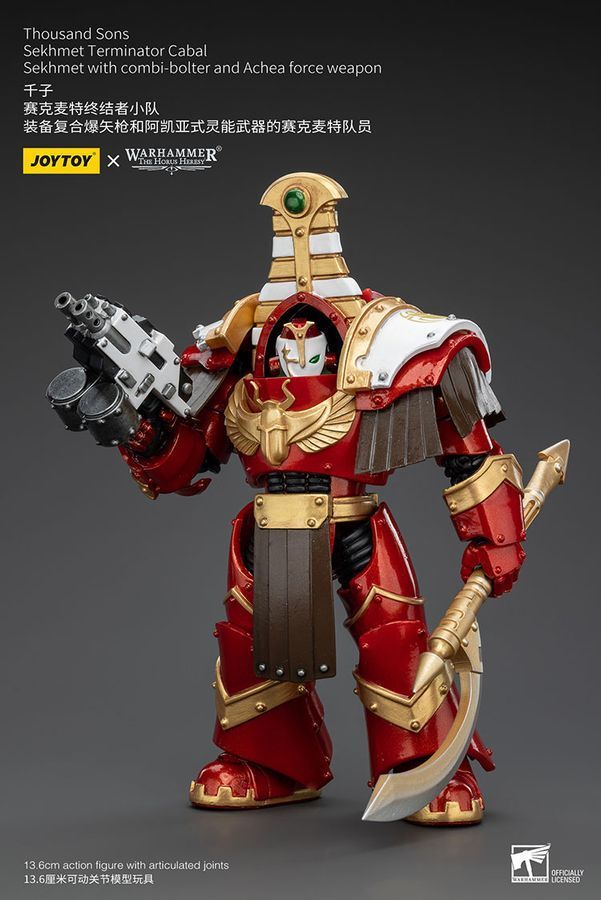 Фигурка из игры Warhammer 40k, Терминаторская клика Тысячи Сынов Сехмет с комби-болтером и силовым оружием Ачеи, JOYTOY, подвижная, 13,6 см (WHR 0100)