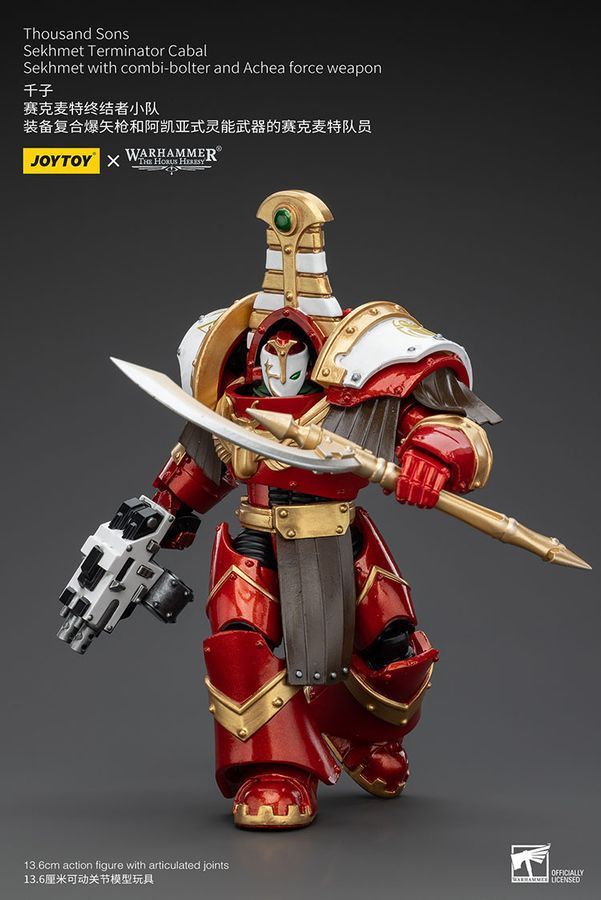 Фигурка из игры Warhammer 40k, Терминаторская клика Тысячи Сынов Сехмет с комби-болтером и силовым оружием Ачеи, JOYTOY, подвижная, 13,6 см (WHR 0100)