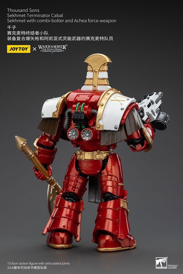 Фигурка из игры Warhammer 40k, Терминаторская клика Тысячи Сынов Сехмет с комби-болтером и силовым оружием Ачеи, JOYTOY, подвижная, 13,6 см (WHR 0100)