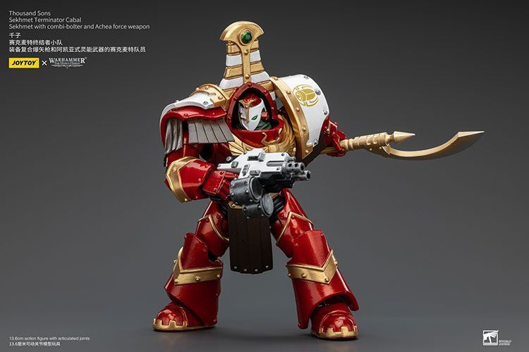 Фигурка из игры Warhammer 40k, Терминаторская клика Тысячи Сынов Сехмет с комби-болтером и силовым оружием Ачеи, JOYTOY, подвижная, 13,6 см (WHR 0100)
