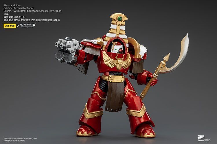 Фигурка из игры Warhammer 40k, Терминаторская клика Тысячи Сынов Сехмет с комби-болтером и силовым оружием Ачеи, JOYTOY, подвижная, 13,6 см (WHR 0100)