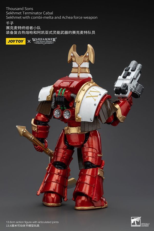 Фигурка из игры Warhammer 40k, Терминаторская клика Тысячи Сынов Сехмет с комби-болтером и силовым оружием Ачеи, JOYTOY, подвижная, 13,6 см (WHR 0101)