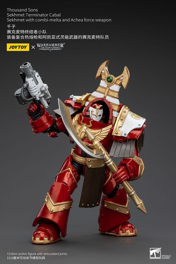 Фигурка из игры Warhammer 40k, Терминаторская клика Тысячи Сынов Сехмет с комби-болтером и силовым оружием Ачеи, JOYTOY, подвижная, 13,6 см (WHR 0101)