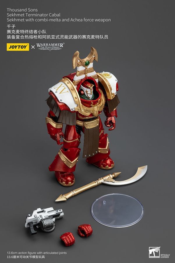 Фигурка из игры Warhammer 40k, Терминаторская клика Тысячи Сынов Сехмет с комби-болтером и силовым оружием Ачеи, JOYTOY, подвижная, 13,6 см (WHR 0101)