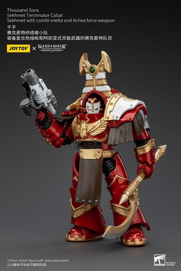 Фигурка из игры Warhammer 40k, Терминаторская клика Тысячи Сынов Сехмет с комби-болтером и силовым оружием Ачеи, JOYTOY, подвижная, 13,6 см (WHR 0101)