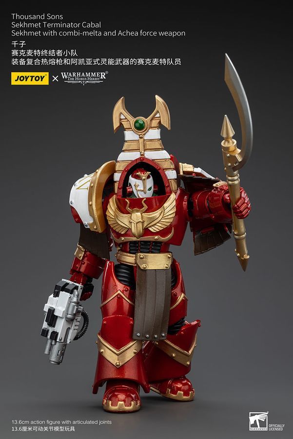 Фигурка из игры Warhammer 40k, Терминаторская клика Тысячи Сынов Сехмет с комби-болтером и силовым оружием Ачеи, JOYTOY, подвижная, 13,6 см (WHR 0101)