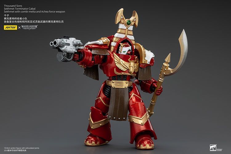 Фигурка из игры Warhammer 40k, Терминаторская клика Тысячи Сынов Сехмет с комби-болтером и силовым оружием Ачеи, JOYTOY, подвижная, 13,6 см (WHR 0101)